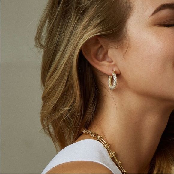 18K GOLD TONE MICRO PAVÉ CZ ENCRUSTED 1” HOOP LOOP EARRINGS ANTHROPOLOGIE NEW - Picture 8 of 15